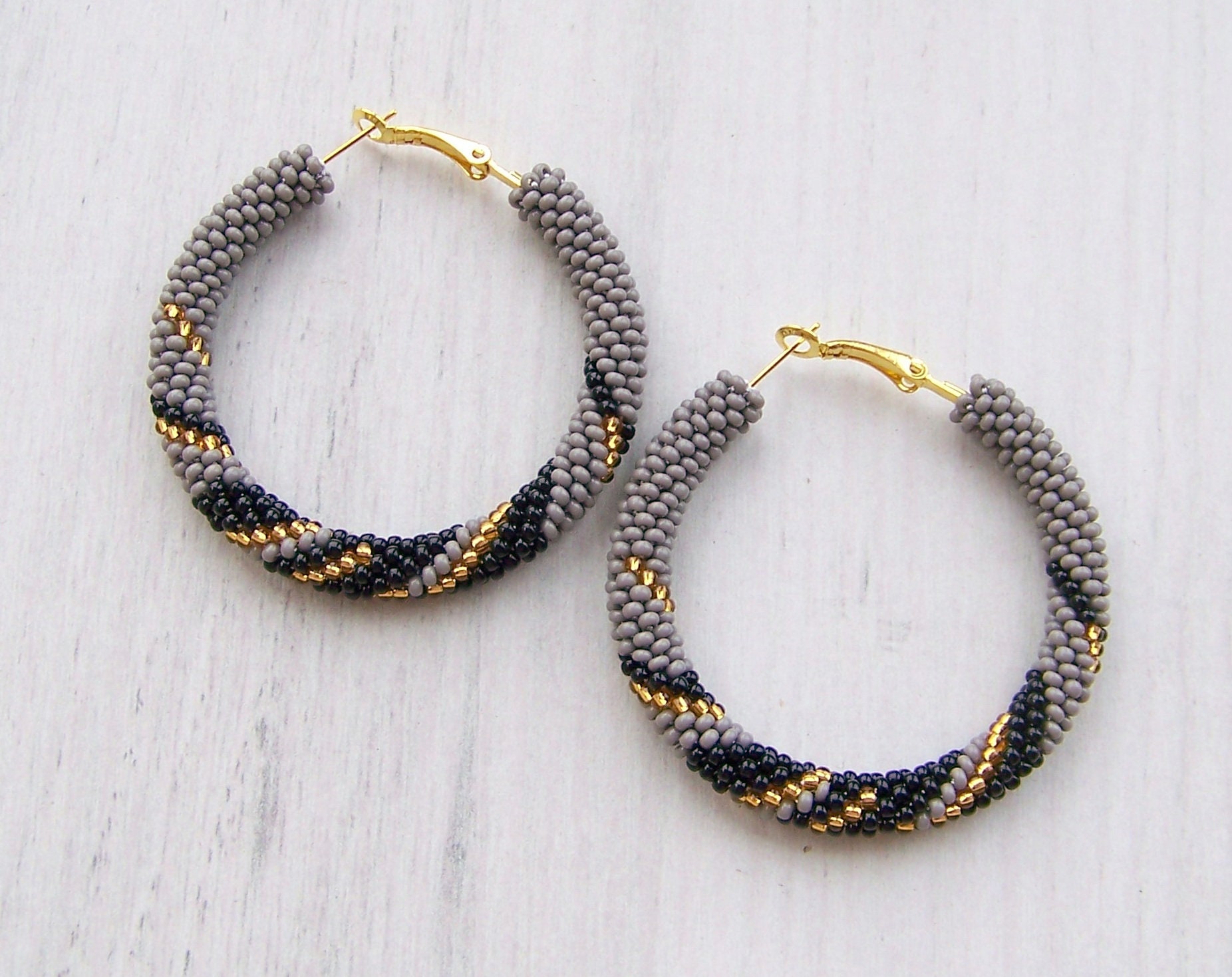 Beaded grey black and gold hoop earrings Beadwork seed | Etsy