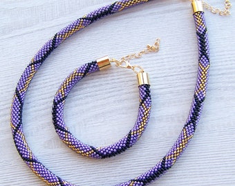 Purple Necklace and Bracelet Set, Bead Crochet Necklace, Geometric violet Necklace, Colorful Rope Necklace, Beadwork Necklace