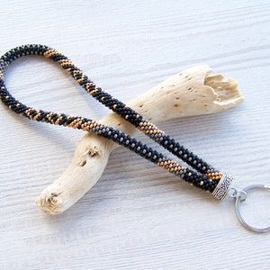 Beaded patchwork keychain, Wrist keychain, Beaded black white grey key fob, Modern beaded wristlet, Beadwork  wristlet key chain
