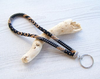 Beaded patchwork keychain, Wrist keychain, Beaded black white grey key fob, Modern beaded wristlet, Beadwork  wristlet key chain