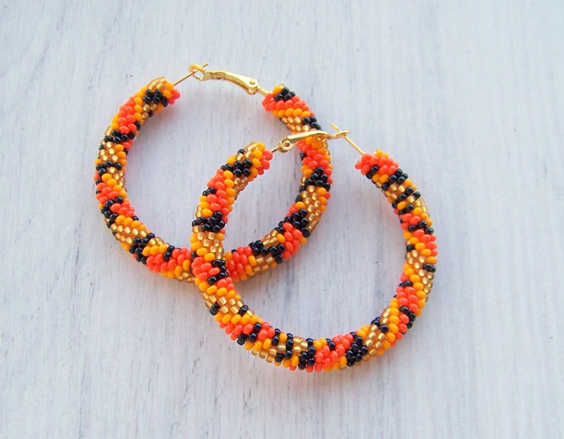 Beaded Tiger Pattern Hoop Earrings Animal Earrings - Etsy