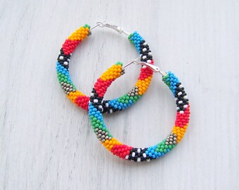 Beaded colorful hoop earrings - Beadwork - beaded jewelry - seed beads earrings - Elegant - Geometric - Patchwork - Modern earrings