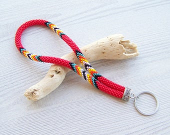 Beaded native style keychain, Wrist keychain, Beaded key fob, Ethnic modern beaded wristlet, Bead crochet keychain, Beadwork  wristlet