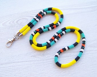 African lanyard with ID holder - woman beaded lanyard - Colorful bead crochet lanyard - ID card holder - nurse lanyard ID holder