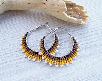 Beaded hoop earrings in ombre brown, lightweight earrings with Miyuki Delica beads, Beadwork seed beads Modern earrings