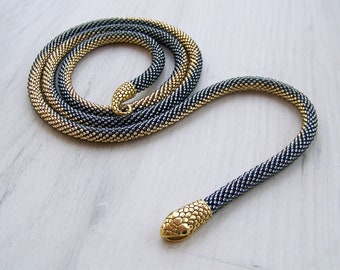 Long Beaded Crochet Rope Necklace - Snake Serpent wrap necklace - beaded Statement Ouroboros necklace in shiny black and gold - Ombre snake