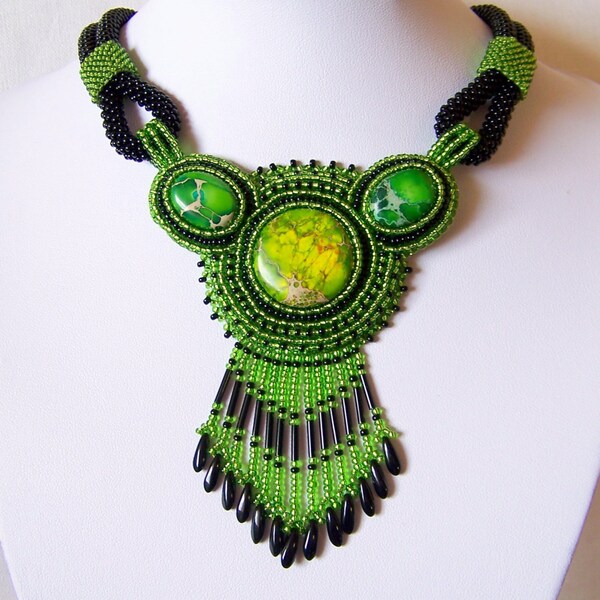 Statement Beadwork Bead Embroidery Pendant Necklace with Green Sea Sediment Jasper - GREEN PARADISE - green - black