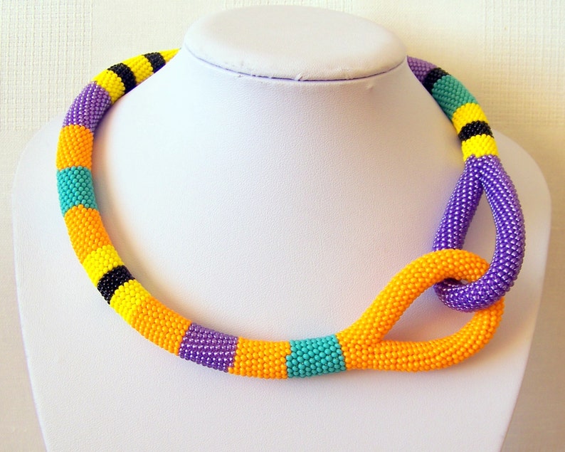 Colorful Beaded Crochet Knot Rope Necklace Beadwork necklace Etsy