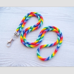 Rainbow lanyard with ID holder - woman beaded lanyard - Colorful bead crochet lanyard - ID card holder - nurse lanyard ID holder