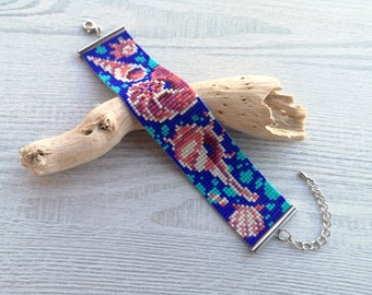 Seashell Loom Bead Bracelet, Aquatic Beach print jewelry, Miyuki Delica Jewellery, Sea Shell Marine bracelet , Beaded flat bracelet