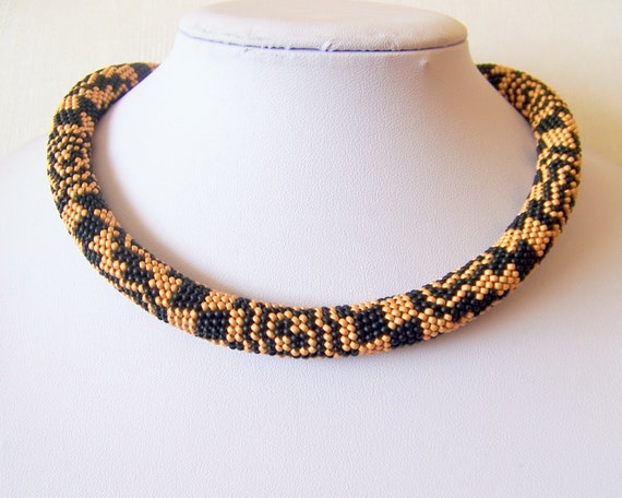 Gold and black Bead crochet necklace with geometric pattern - Beaded rope necklace - Handmade jewelry - Beadwork - fashion necklace