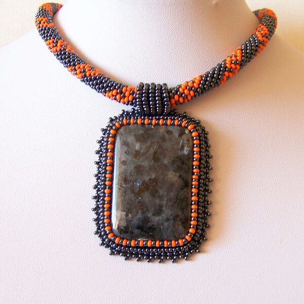 Bead Embroidery Necklace Pendant Beadwork with Larvikite - THE LEGEND - Fall Fashion - hematite - orange - black