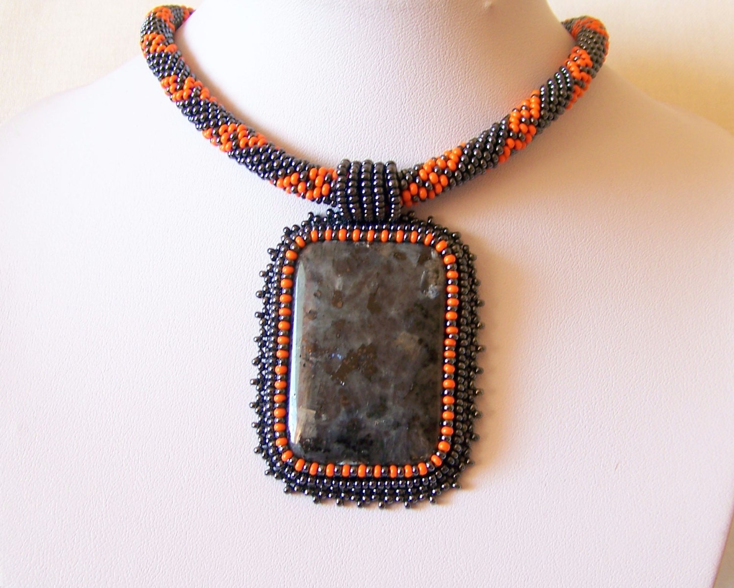 Bead Embroidery Necklace Pendant Beadwork with Larvikite THE Etsy