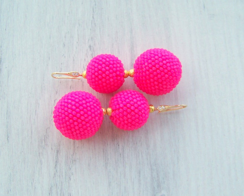 Neon Hot Pink Two Balls Earrings Balls Drop Earrings Pink Etsy