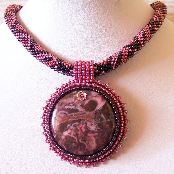 SALE - Beadwork Bead Embroidery Pendant Necklace with Peachblow Mexican Crazy Agate - PLUM JOY- plum - red - purple - pink