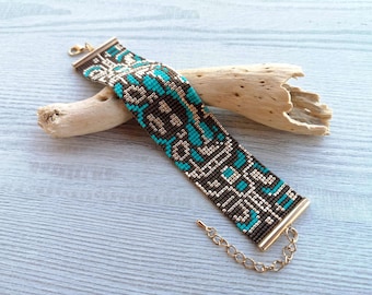 Ethnic Beaded loom Bracelet, Adjustable Miyuki Delica beads bracelet, Art Nouveau DIY geometric bracelet, Aztec Mask Face jewelry