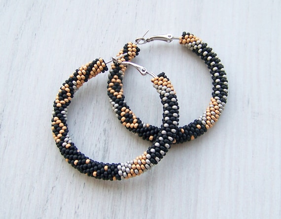 Beaded hoop earrings in black grey and gold Beadwork | Etsy