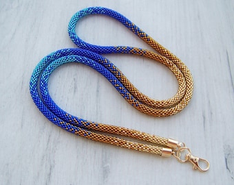 Beaded Teacher ID card holder - nurse lanyard - gold blue lanyard - ombre style Lanyard - beaded badge holder - woman beaded lanyard