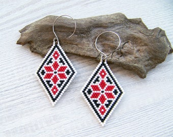 Ethnic Diamond Shaped Bead Rhombus Earrings, Boho earrings, Beaded Earrings, Red ornament Bead Earrings, Miyuki Delica Beads Earrings