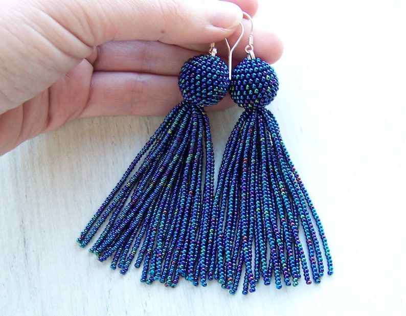 Statement Earrings Dangle Iridescent blue earrings Long tassel earrings beadwork earrings Beaded tassel earrings Fringe earrings