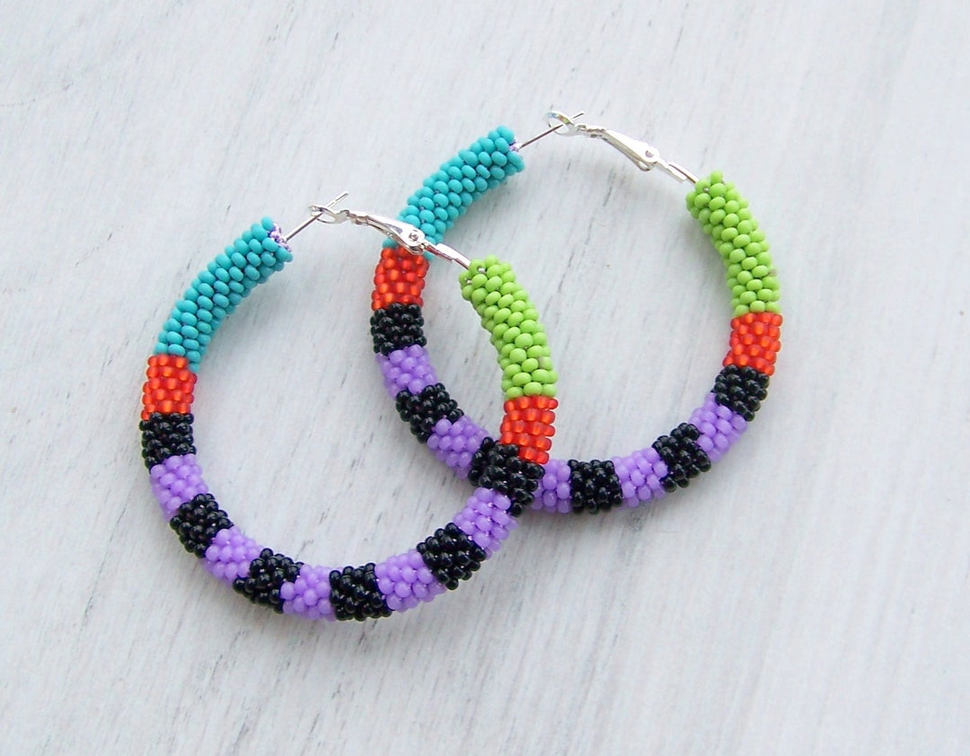 Beaded Colorful Hoop Earrings Beadwork Beaded Jewelry - Etsy
