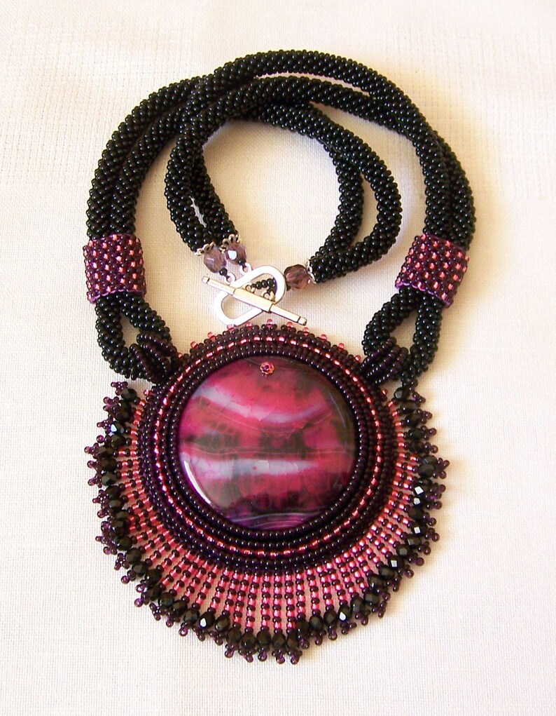 Statement Beadwork Bead Embroidery Pendant Necklace with Agate Etsy