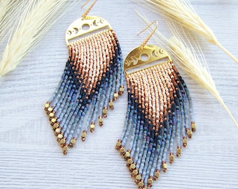 Long bohemian beaded fringe earrings made of miyuki Delica beads, ombre gold, bronze and grey shades statement earrings with brass cubes