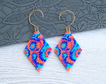 Pendientes de cuentas en forma de rombo con forma de diamante, pendientes de cuentas, pendientes geométricos de cuentas coloridas, pendientes bohemios, pendientes de cuentas Miyuki Delica