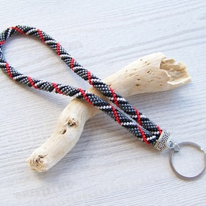 Bead crochet keychain, Wrist plaided lines keychain, Beaded key fob, Gray beaded wristlet, Bead crochet keychain, Beadwork  wristlet