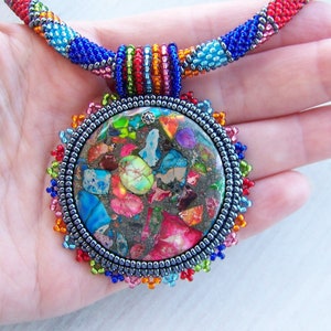 Bead Embroidery Necklace Pendant Beadwork with Rainbow Sea Jasper and Pyrite SUMMER FUN Summer collection Geometric Statement Modern image 5