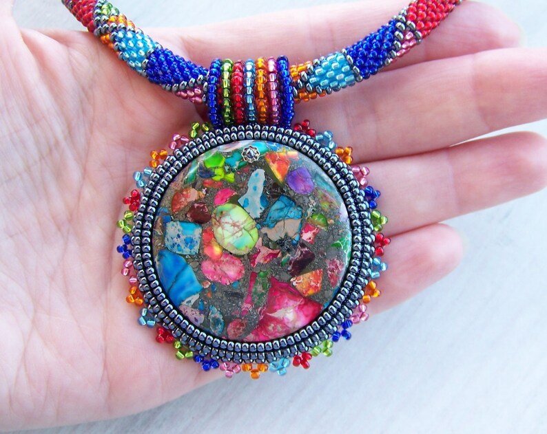 Bead Embroidery Necklace Pendant Beadwork with Rainbow Sea Jasper and Pyrite SUMMER FUN Summer collection Geometric Statement Modern image 5