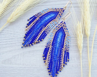Handwoven beaded earrings, Ombre blue gold Fringe earrings, Long bohemian beaded fringe earrings made of miyuki Delica beads and brass cubes