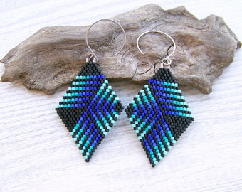 Beaded Earrings, Geometric blue ombre Bead Earrings, Diamond Shaped Bead Rhombus Earrings, Boho earrings, Miyuki Delica Beads Earrings