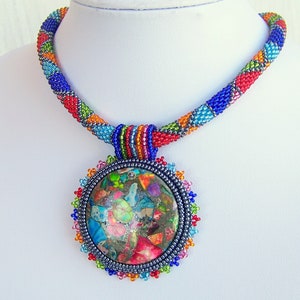 Bead Embroidery Necklace Pendant Beadwork with Rainbow Sea Jasper and Pyrite SUMMER FUN Summer collection Geometric Statement Modern image 3