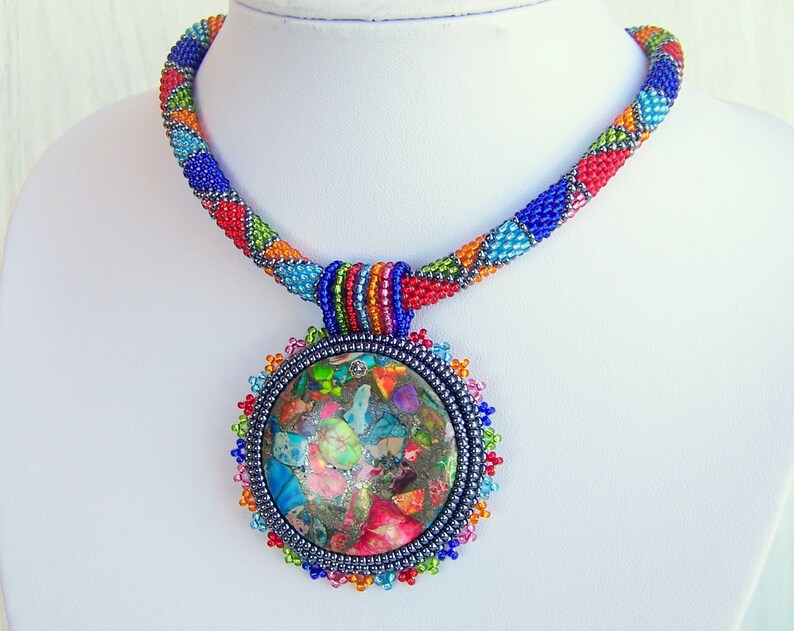 Bead Embroidery Necklace Pendant Beadwork with Rainbow Sea Jasper and Pyrite SUMMER FUN Summer collection Geometric Statement Modern image 3