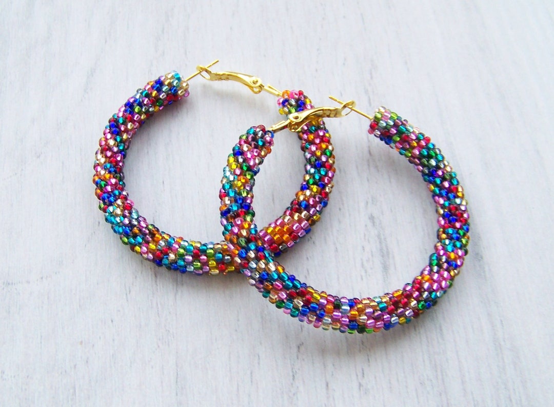 Beaded Colorful Hoop Mosaic Earrings Beadwork Beaded - Etsy Canada