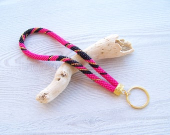 Beaded colorful keychain, Hot pink Wrist keychain, Beaded key fob, Modern beaded wristlet, Bead crochet keychain, Beadwork  wristlet