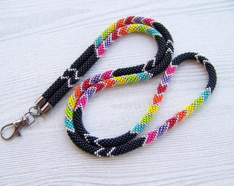 Colorful Chevrons Lanyard, Badge Holder, Fashion Lanyard, Beadwork Black multi color Lanyard, Beaded Id Holder Necklace, Teacher Lanyard