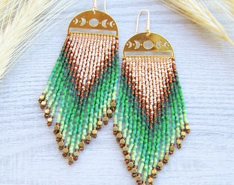 Long bohemian beaded fringe earrings made of miyuki Delica beads, ombre gold green shades statement earrings with brass cubes