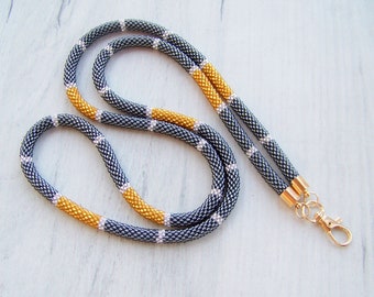 Beaded badge holder - woman beaded lanyard - teacher ID card holder - nurse lanyard - shiny black, gold lanyard - gift ideas for teacher