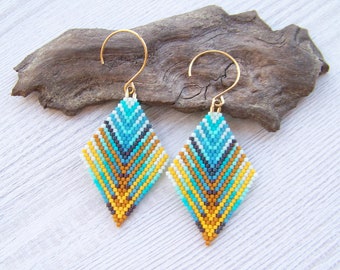 Colorful Geometric Beaded Earrings, Spring Summer Style earrings, Diamond Shaped Bead Rhombus Earrings, Boho Miyuki Delica Beads Earrings