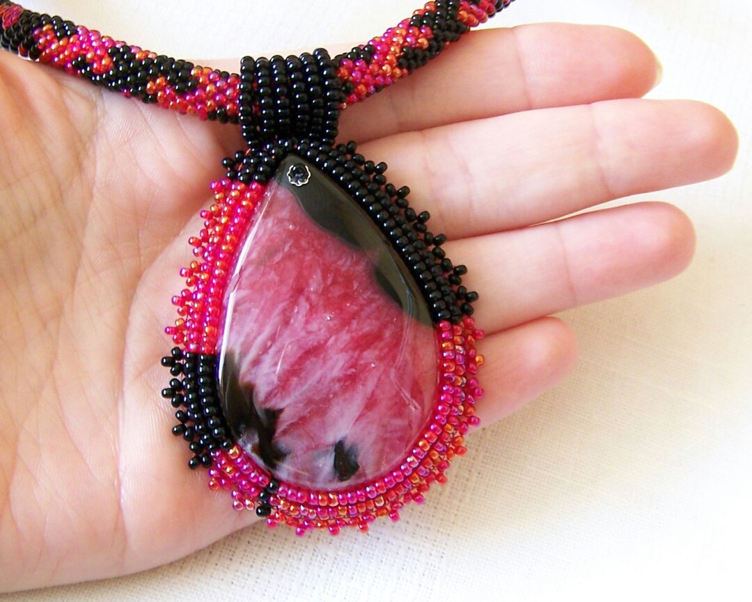 Beadwork Bead Embroidery Pendant Necklace With Druzy Agate Etsy
