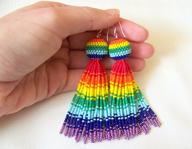 Rainbow beaded tassel earrings Luxury Pride Fringe Earrings Etsy