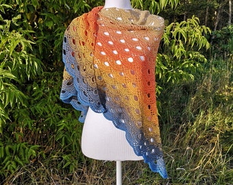 Handmade Crochet Lace Shawl in Ombre light brown, red, orange and blue. Triangle boho wrap scarf - READY TO SHIP