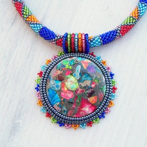 Bead Embroidery Necklace Pendant Beadwork with Rainbow Sea Jasper and Pyrite SUMMER FUN Summer collection Geometric Statement Modern image 6