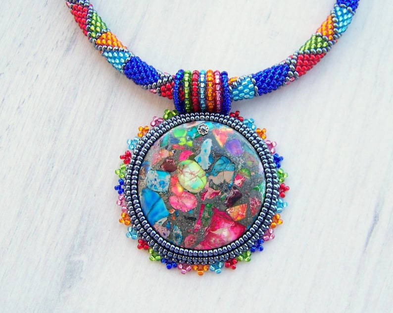 Bead Embroidery Necklace Pendant Beadwork with Rainbow Sea Jasper and Pyrite SUMMER FUN Summer collection Geometric Statement Modern image 6