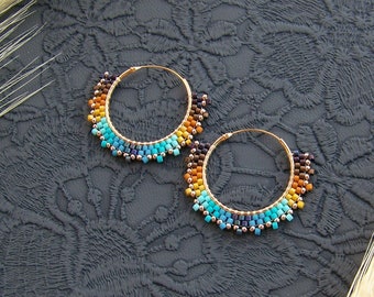Small Beaded hoop earrings in ombre turquoise and bronze, lightweight earrings with Miyuki Delica beads, Beadwork Modern earrings