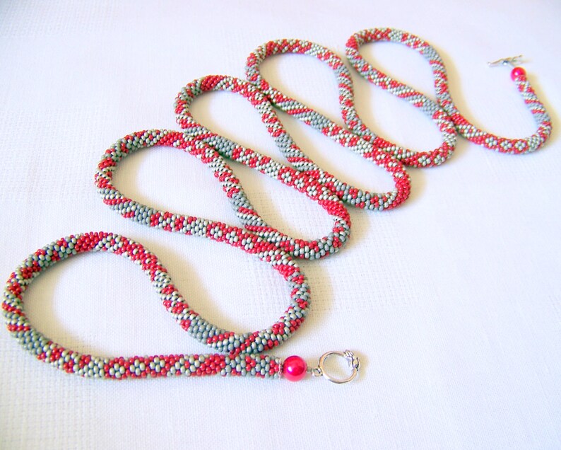 Long Beaded Crochet Rope Necklace Beadwork necklace Wrap necklace Geometric necklace Patchwork necklace Red Grey Silver image 5