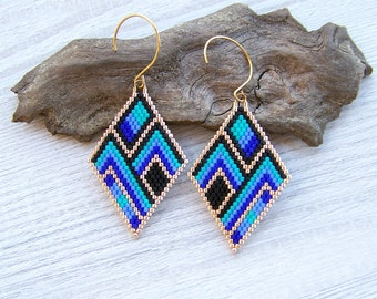 Diamond Shaped Bead Rhombus Earrings, Beaded Earrings, Geometric blue black Bead Earrings, Boho earrings, Miyuki Delica Beads Earrings