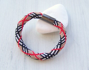 Beaded Crochet Bracelet - Abstract Bangle - Round Chunky Bangle - Geometric Lines Design Bracelet - Modern Beige Red Black Bracelet